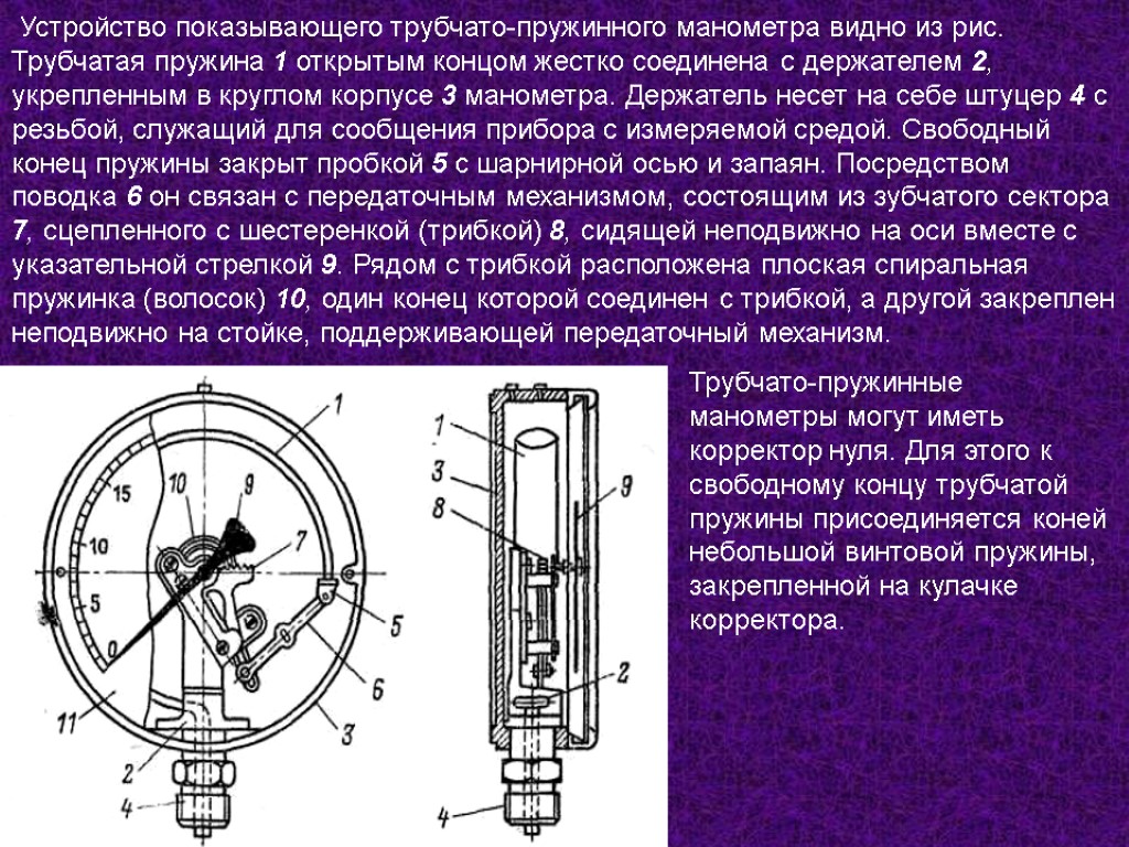 Трубчато-пружинные манометры могут иметь корректор нуля. Для этого к свободному концу трубчатой пружины присоединяется